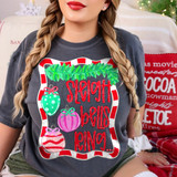 Sleigh Bells Ring DTF transfer with hand-drawn ornaments, pine garland, and a red and white checkered frame