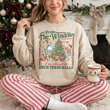 From The Windows To The Walls I'm About To Deck These Halls Christmas DTF transfer with vintage-style children decorating a Christmas tree and puppy