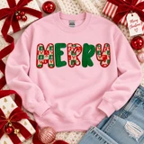 MERRY Christmas patch with green corduroy and festive holiday patterned letters on pink sweatshirt