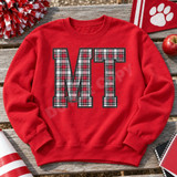 MT varsity letter DTF transfer with red, green, black and white tartan plaid fill and heavy charcoal outline Shown on a Red crewneck sweatshirt.