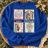True Story Christmas DTF transfer with four-panel pastel striped scalloped frames featuring an angel, nativity scene, three wise men with lamb, and ribbon-wrapped cross Shown on a Sapphire crewneck sweatshirt.