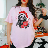 Ghost face horror mask in a Santa hat DTF transfer with red roses and blood splatter accents