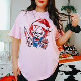 Stitched-face killer doll in overalls holding a bloody knife, wearing a Santa hat DTF transfer with roses