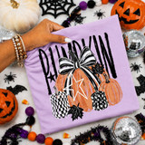 Pumpkin DTF transfer with brush-script lettering, a black and white checkered pumpkin, star-patterned pumpkin, bow, and fall leaves
