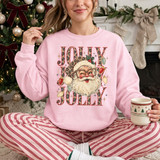 Jolly Jolly Jolly DTF transfer with leopard print lettering and a vintage Santa face wearing glasses and string lights