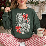 Merry Christmas DTF transfer with lace-style stacked lettering, red plaid bows, snowflakes, stars, and a Christmas tree design
