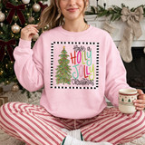 Have a Holly Jolly Christmas DTF transfer with hand-lettered colorful text, Christmas tree, and black-and-white checkered border