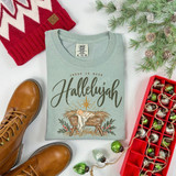 Jesus Is Born Hallelujah DTF transfer with nativity manger scene, star, and greenery in a rustic Christmas script design