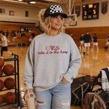 Take It To The Hoop basketball DTF transfer with red script lettering and hand-drawn basketball, hoop, and sneaker icons