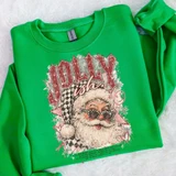 Jolly-ish retro Santa DTF transfer with checkered hat and sunglasses, distressed vintage lettering design on green sweatshirt