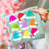 Rainbow Santa hats DTF transfer with colorful hats in pink, red, teal, green, purple, orange, blue, and yellow with star accents