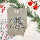 Farmhouse snowflake DTF transfer designed to look like frayed denim and cream lace with a blue gingham bow accent