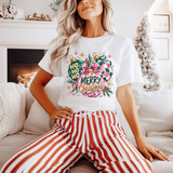 Ho Ho Ho Merry Christmas DTF transfer with pink and green ornament illustrations, checkered pattern, bows, and gold stars on a white t-shirt