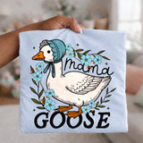 Mama Goose DTF transfer featuring an illustrated goose in a bonnet surrounded by blue wildflowers