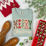 Merry Christmas DTF transfer with faux-embroidered patterned lettering in leopard, polka dot, buffalo plaid, and Christmas tree patterns, with cream script Christmas text