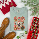 Christmas chickens DTF transfer with five hens in Santa hats and holiday scarves framed in oval portraits with plaid bows and holly