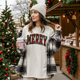 Merry DTF transfer with bold arched lettering in red and green tartan plaid design for Christmas shirts