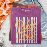 Piece Out retro script DTF transfer in orange with mint green stripes and star accents on a purple shirt
