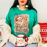 Christmas Vibes DTF transfer with vintage postage stamp graphics of Santa, a deer, a nutcracker, ornaments, and a candy cane in pink and gold retro style