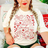Merry Christmas DTF transfer with red line-art doodles of a snowman, stockings, gingerbread man, hot cocoa, candy canes, and holly in a single-color hand-drawn style