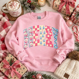 Pink MERRY Christmas DTF transfer with snowman leopard print, checkered, polka dot, and string light lettering design