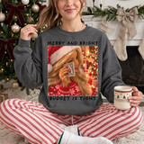 Merry And Bright Budget Is Tight Christmas DTF transfer with glam Santa hat woman holding cash, funny holiday graphic on sweatshirt