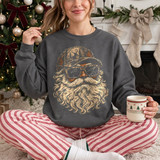 Distressed cool Santa DTF transfer with camo hunting cap, sunglasses, and bushy beard in a rustic vintage style