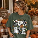 Gobble DTF transfer with black and white checkered bubble letters, leopard print bow, turkey graphic, and fall leaves