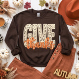 Give Thanks DTF transfer with lace-print floral lettering and orange plaid script, Thanksgiving fall design