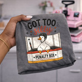 Got Too Silly Penalty Box DTF transfer featuring a helmeted duck sitting in a hockey penalty box