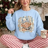 Winter Highland cow DTF transfer with knit hat and scarf, snowflakes, and a vintage postage stamp style frame