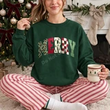 Merry Christmas DTF transfer with mixed leopard, plaid, checkerboard, and tree print lettering on a green sweatshirt