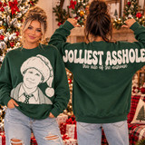 Dark green Christmas sweatshirt with vintage holiday character front transfer and oversized Jolliest Asshole back lettering