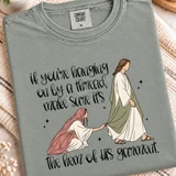 If You're Hanging On By A Thread Make Sure It's The Hem Of His Garment faith DTF transfer with illustration of a woman reaching for Jesus's robe