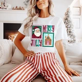 Merry Jolly Christmas DTF transfer with retro postage stamp style Santa Claus and gingerbread house graphics in pink, green, and red