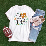My Heart is on that Field Football Sublimation Transfer, a graphic design on a white T-shirt featuring a football and hearts with the text 'My Heart is on that Field' for sports-themed apparel.