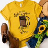 This Little Light of Mine I'm Gonna Let it Shine Leopard Screen Print Transfer, yellow T-shirt with a leopard print gas pump graphic and motivational quote.