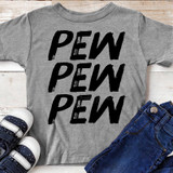 PEW PEW PEW YOUTH Screen Print Heat Transfer, gray T-shirt with bold black text and casual style, displayed with blue jeans and sneakers.