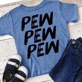 PEW PEW PEW YOUTH Screen Print Heat Transfer, blue youth T-shirt with black text design.