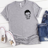 Schitt's Creek Oh My God POCKET Screen Print Heat Transfer, gray T-shirt with a printed portrait and text.
