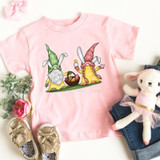 Easter Gnomes YOUTH Screen Print Heat Transfer, pink youth T-shirt with embroidered Easter gnomes and basket design.