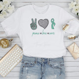 Teal Ribbon Awareness Glitter Heart Peace Love Cure Sublimation Transfer T-Shirt, white graphic tee with teal glitter ribbon, heart, peace sign, and text design.