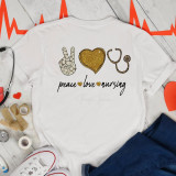 Peace Love Nursing leopard heart glitter sublimation transfer, white T-shirt with peace, love, and nursing-themed design featuring leopard print and glitter accents.
