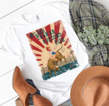Wilder Than An 8 Second Ride Sublimation Transfer, vintage-style rodeo graphic on white T-shirt with a woman riding a bull.