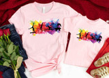 Gymnastics Youth Screen Print Heat Transfer T-shirts, pink shirts with colorful gymnast silhouette design.