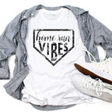 Home Run Vibes Baseball Sublimation Transfer, white T-shirt with a black distressed graphic design featuring a baseball diamond outline and the text "home run VIBES".