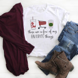These are a few of my favorite things Chick-Fil-A Target Starbucks Coffee sublimation transfer t-shirt, displaying images of Chick-Fil-A drink, Target shopping cart, and Starbucks coffee cup with the text 'these are a few of my FAVORITE things'.