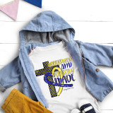 Blue and Yellow Ribbon Down Syndrome Awareness Glitter Heart Sublimation Transfer, a colorful fabric transfer design for awareness and celebration of Down syndrome.
