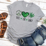 Peace Love Sanity Screen Print Heat Transfer, graphic t-shirt with peace sign, heart, marijuana leaf, and text design