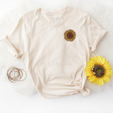 Leopard Sunflower HAT/POCKET Screen Print Heat Transfer T-shirt, cream-colored casual top with sunflower graphic print and a small pocket design.